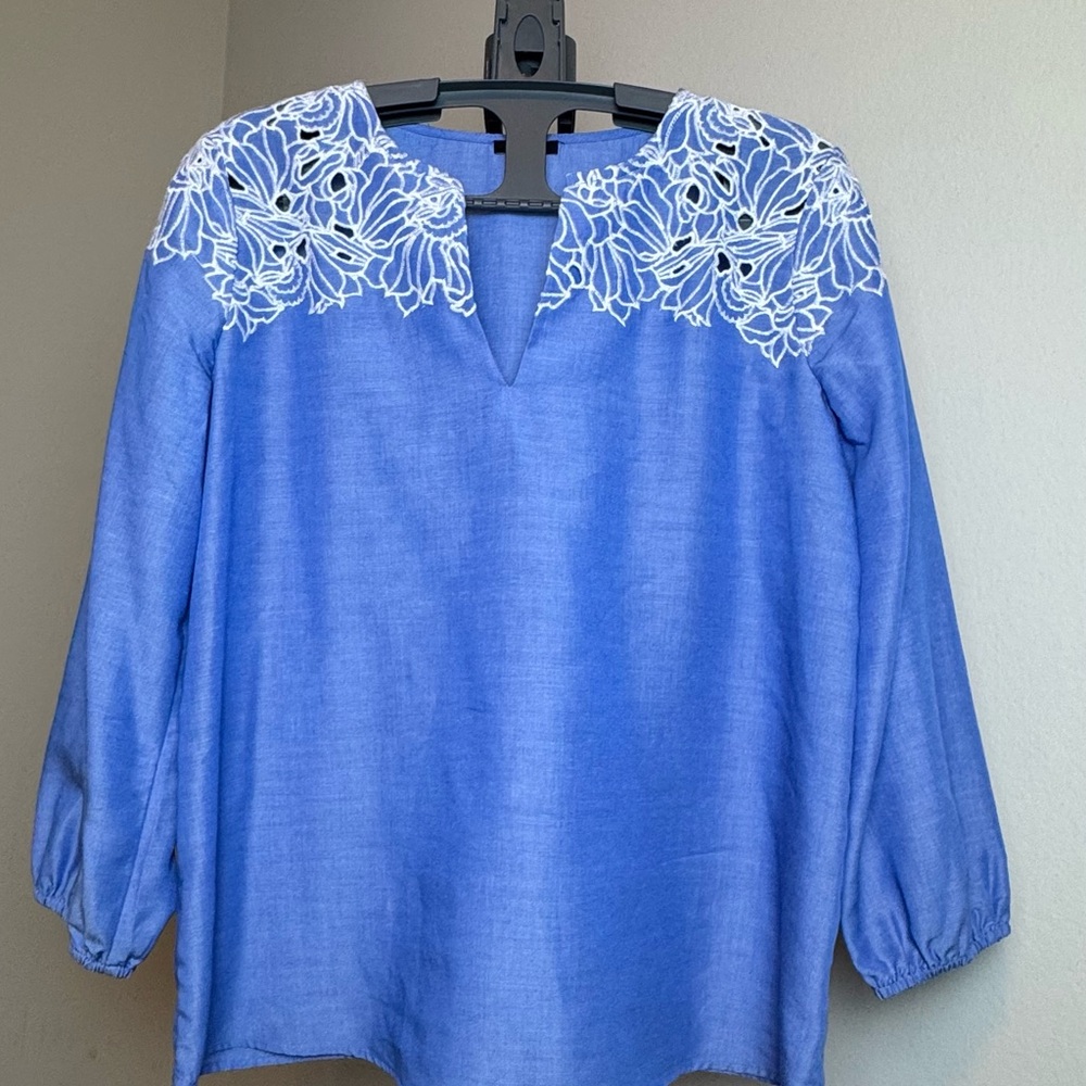 Ann Taylor Blue Blouse with White Floral Detail